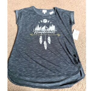 Tru Self Womens Wanderlust Graphic Tee Charcoal Gray Space Dye Boho Top Medium
